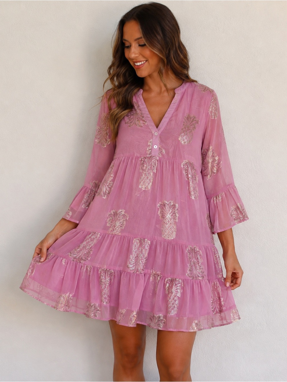 Simply Southern Rose Pineapple Metallic Woven Boho Dress Pink Medium Tiered